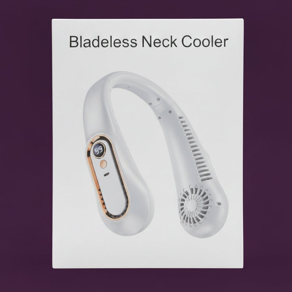 White Bladeless Neck Cooler with retail packaging