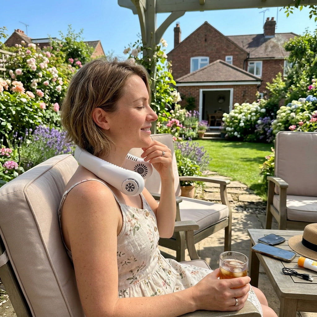 Woman wearing a white Bladeless Neck Cooler outdoors