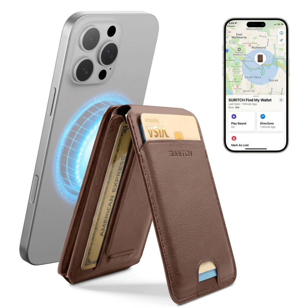 A brown leather wallet phone case shown open, with cards partially visible inside. A silver smartphone is shown behind it with a glowing blue circular light effect indicating wireless charging, and a smartphone screen inset on the right displays a wallet app map interface.