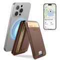 A brown leather wallet phone case shown open, with cards partially visible inside. A silver smartphone is shown behind it with a glowing blue circular light effect indicating wireless charging, and a smartphone screen inset on the right displays a wallet app map interface.