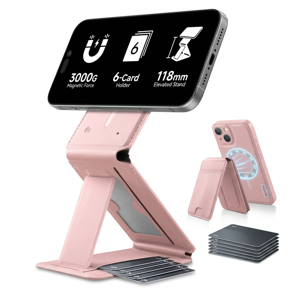 A pink leather foldable phone stand shown on a white background, with a smartphone inserted in the main view and two smaller views showing additional functions like magnetic force, card holder, and elevated stand. A second phone is shown on the right with a blue magnetic ring accessory.
