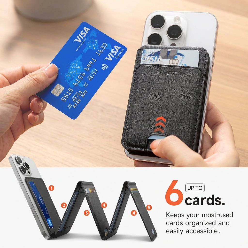 Phone case with card holder and Visa card on a wooden surface