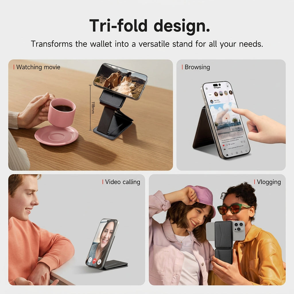 Tri-fold phone stand with various uses including watching movies, browsing, video calling, and vlogging.