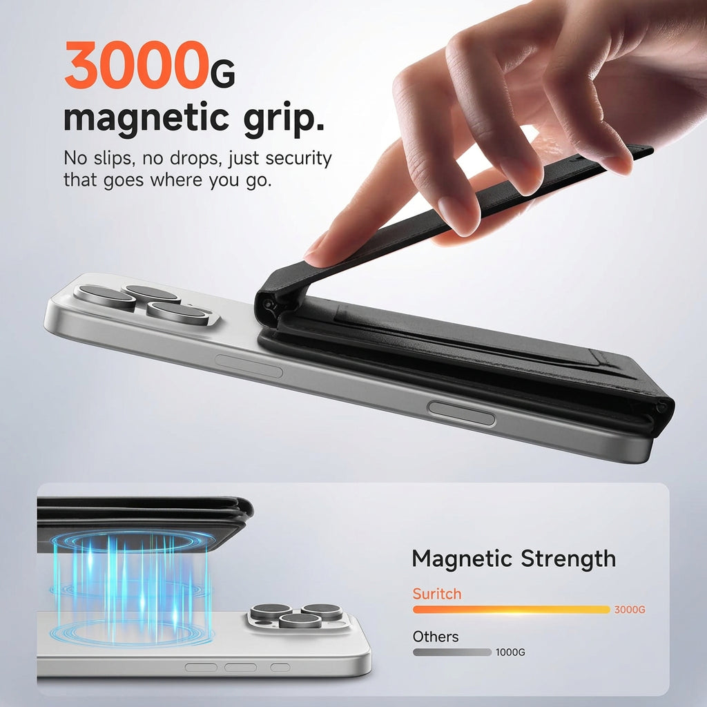 Phone case with magnetic grip feature and hand holding it, showing text about magnetic strength.