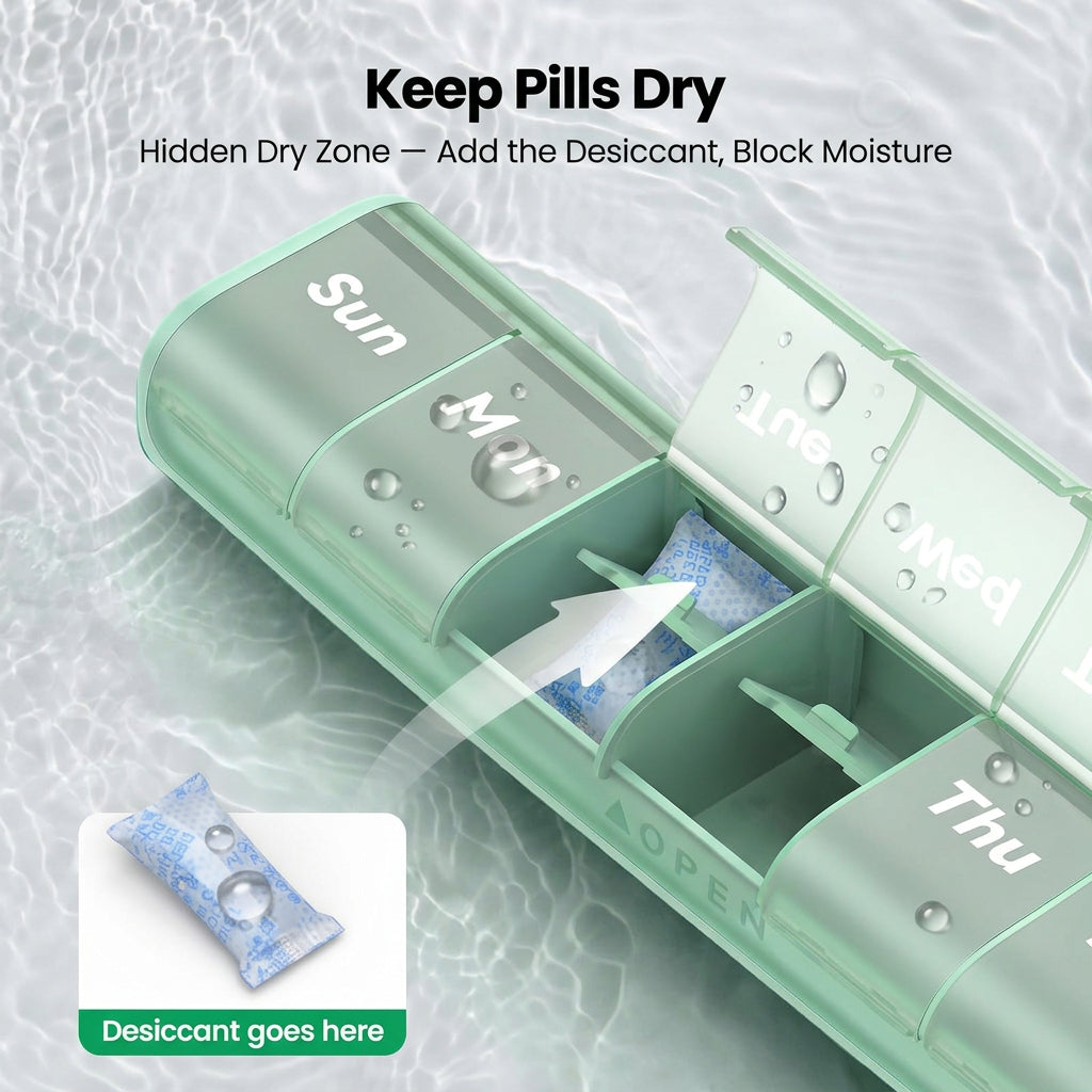 7-day pill organiser showing moisture-proof desiccant compartment in mint green
