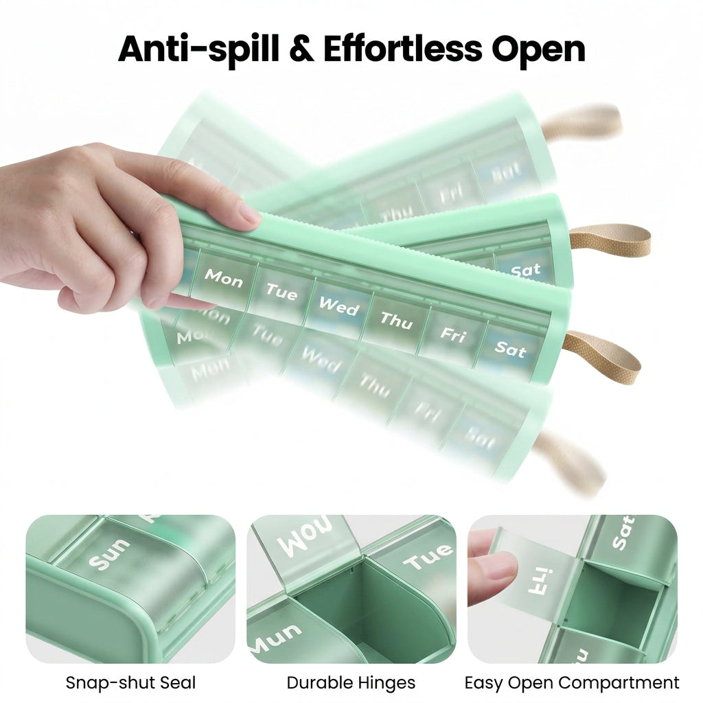 Close-up of weekly pill organiser snap lids and durable hinge construction