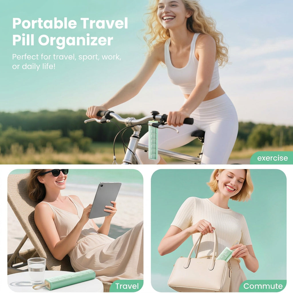 Travel-friendly 7-day pill box used on the go and packed in handbag