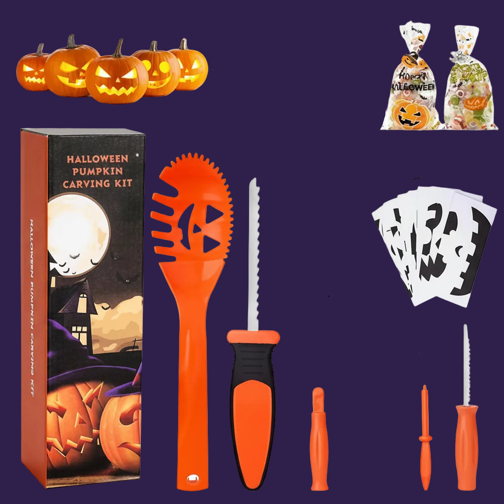 Halloween pumpkin carving kit with tools, stencils, and treat bags flat lay