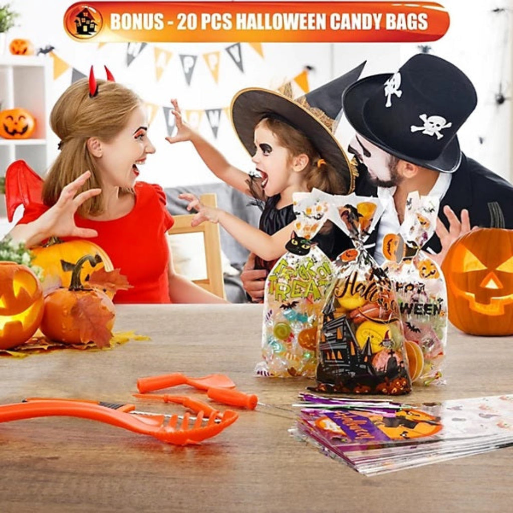 Halloween pumpkin carving kit treat bags and family celebration display