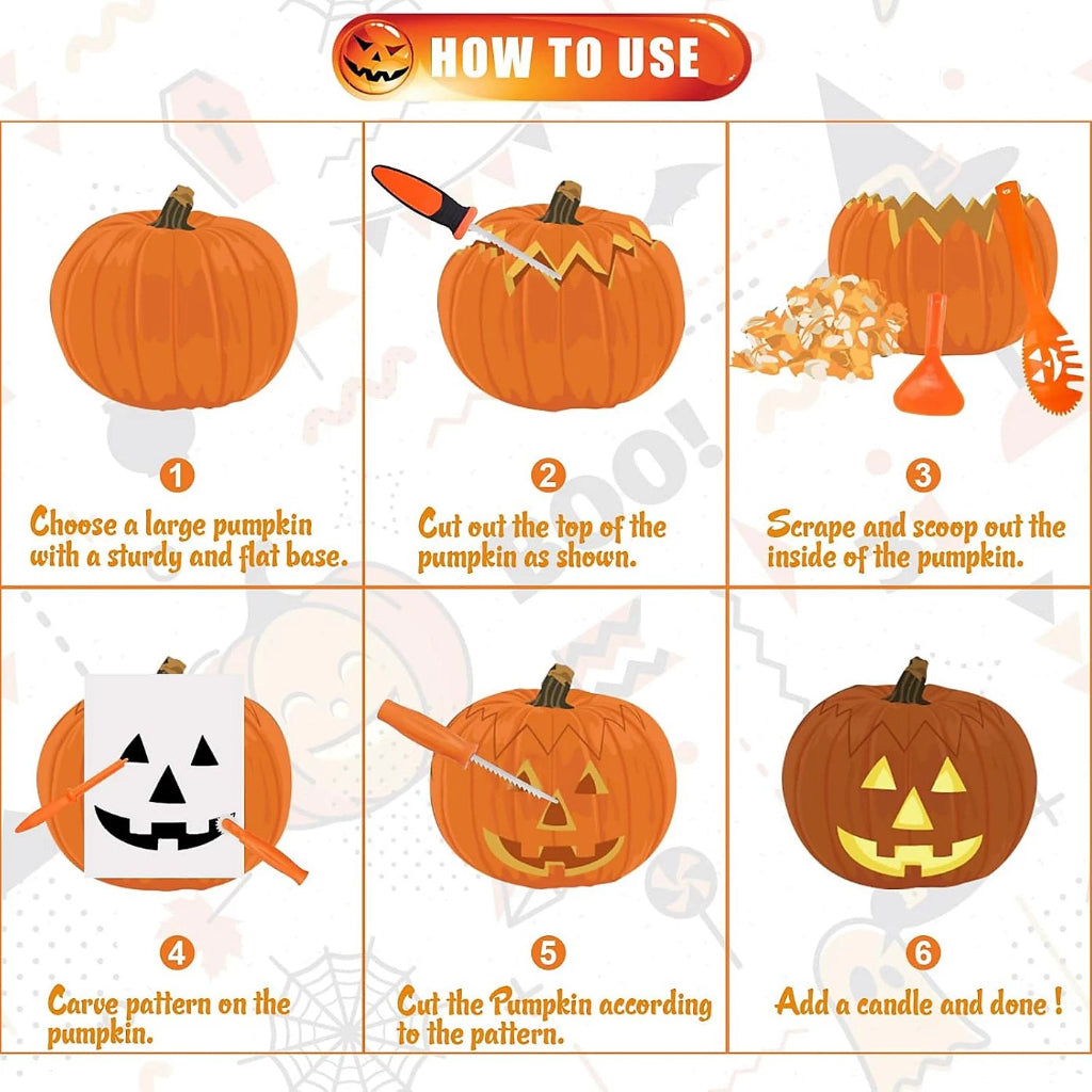 Halloween pumpkin carving kit step-by-step carving guide and tools infographic