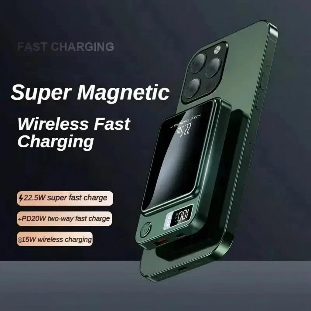 City Store 22.5W Magnetic Wireless Power Bank in Green charging a smartphone