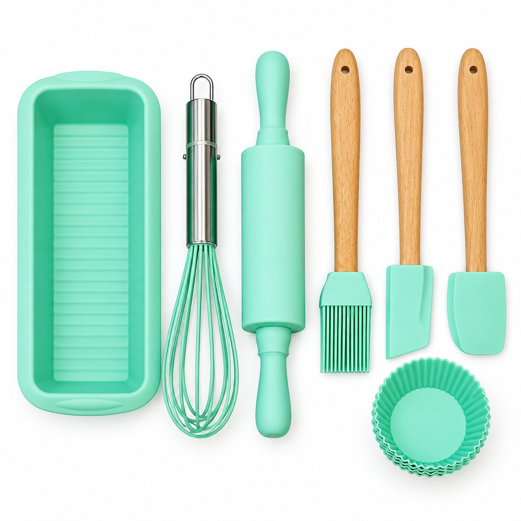 12pc Silicone Baking Set - Mint green silicone baking utensils, muffin cups and loaf tin set