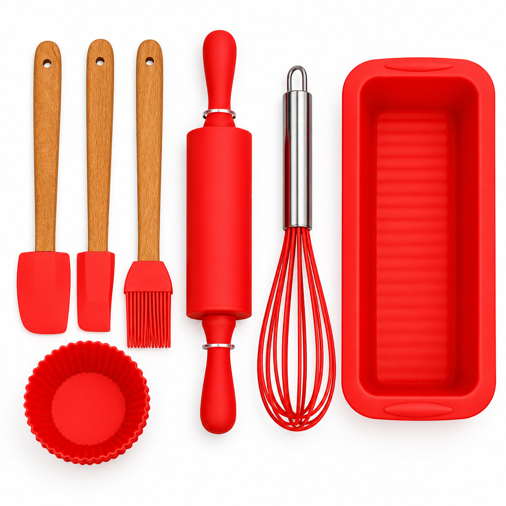12pc Silicone Baking Set - Red silicone spatulas, brush, whisk, rolling pin and pans flat lay