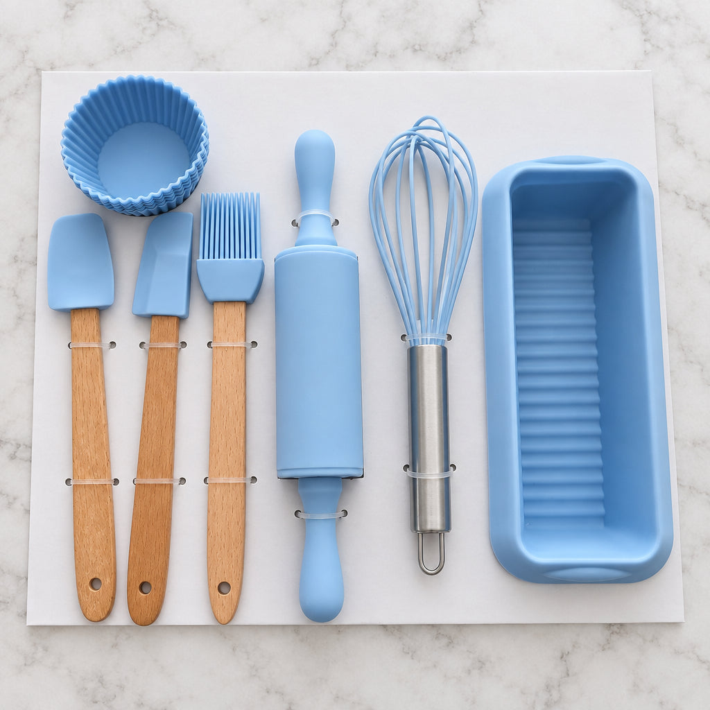 12pc Silicone Baking Set - Pastel blue silicone baking utensils and loaf mould flat lay