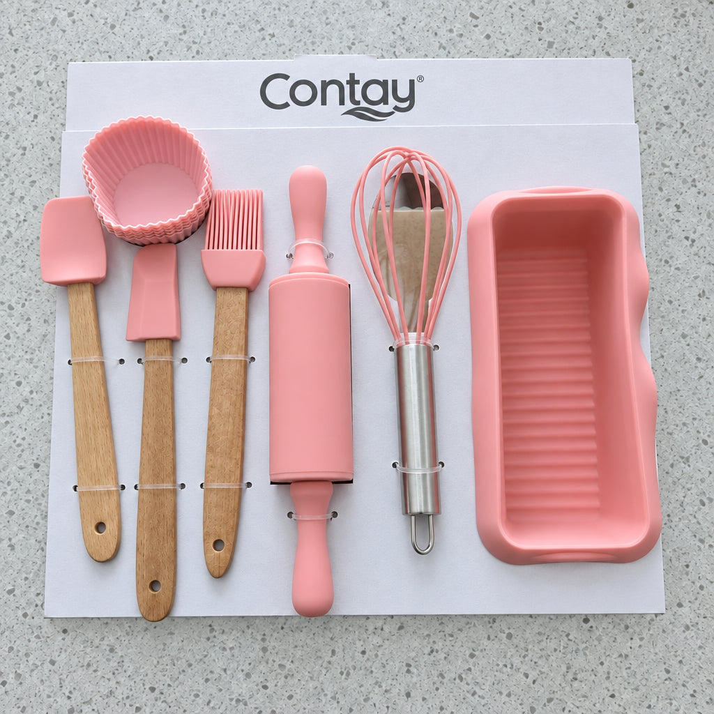 12pc Silicone Baking Set - Soft pink silicone utensils, whisk and loaf pan set