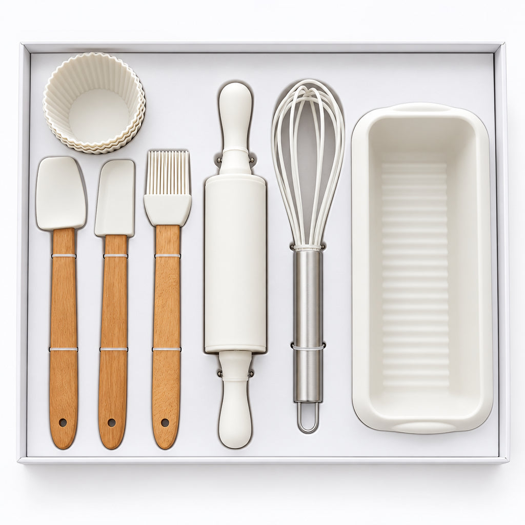 12pc Silicone Baking Set - Off-white silicone baking utensils and pans in gift box packaging