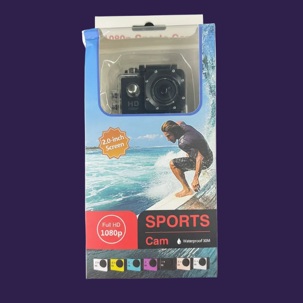 Sports Action Cam packaged in its retail display box.