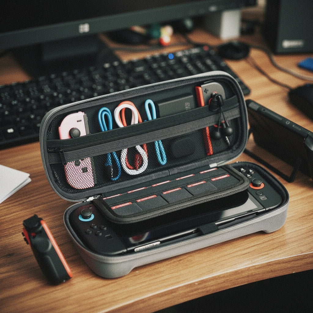 Gaming console and accessories in a carrying case on a desk