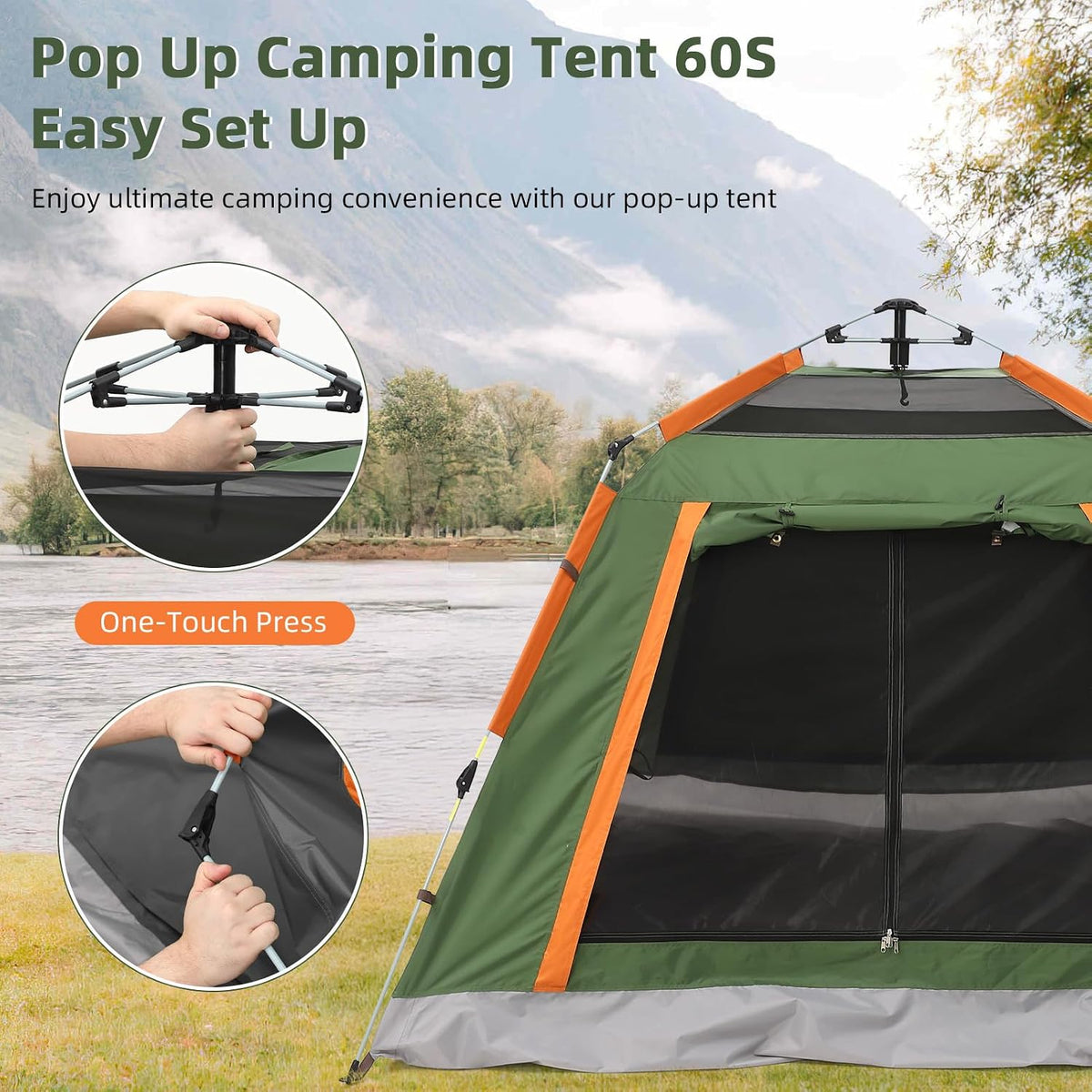Fast 60-second one-touch setup mechanism for pop-up camping tent