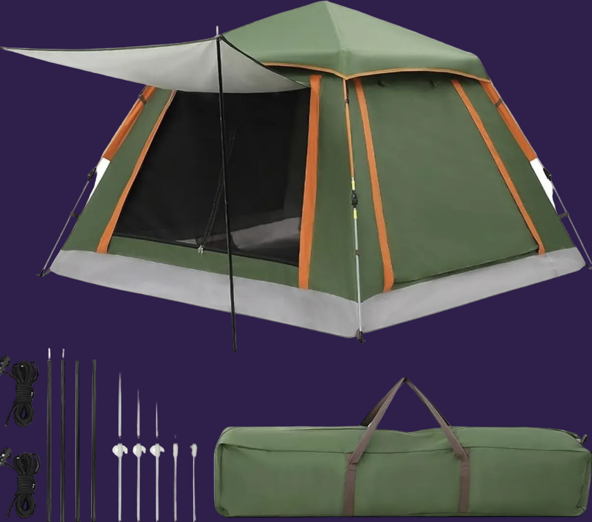 Pop-up waterproof camping tent in green and orange with front awning and accessories