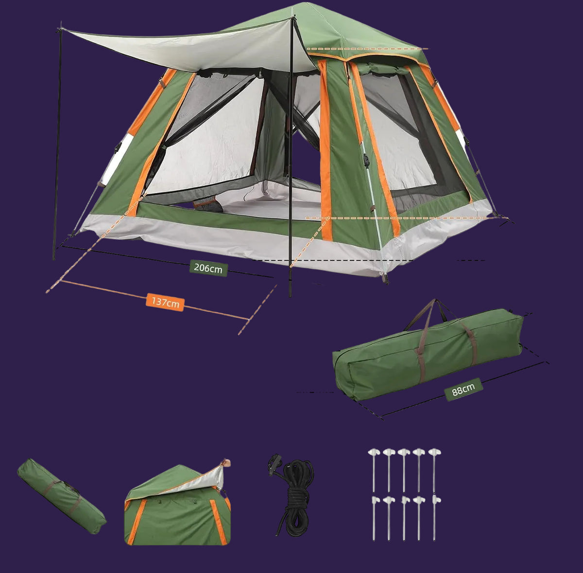 Waterproof pop-up camping tent dimensions and packed carry bag accessories overview