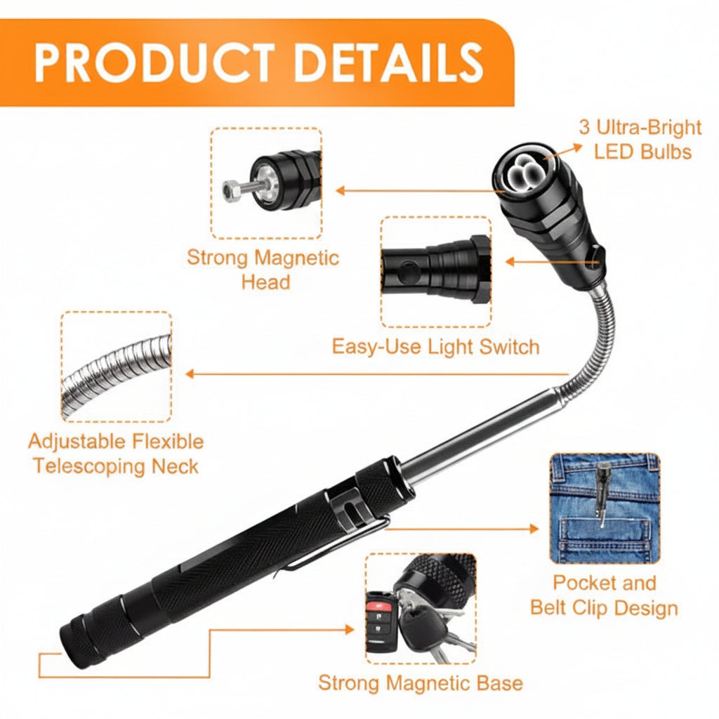 Black adjustable flexible telescoping neck light with features highlighted on a white background