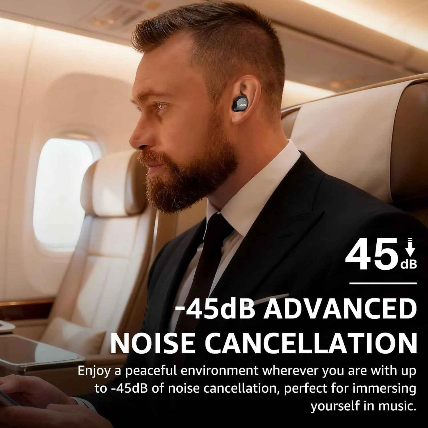 TOZO NC9 Hybrid ANC Earbuds - Lifestyle close-up on passenger wearing earbud during airplane commute