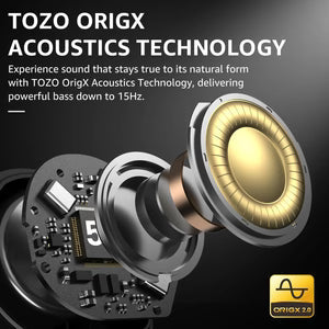TOZO NC9 Hybrid ANC Earbuds - Internal driver and acoustic voice coil architecture diagram featuring OrigX 2.0 tech