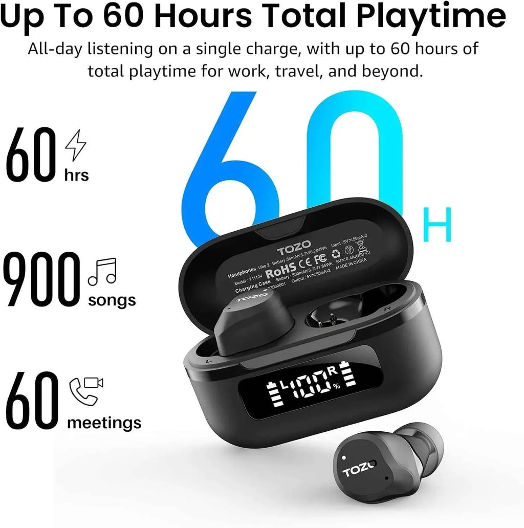 TOZO NC9 Hybrid ANC Earbuds - Matte black wireless earbuds resting next to digital LED battery display charging case