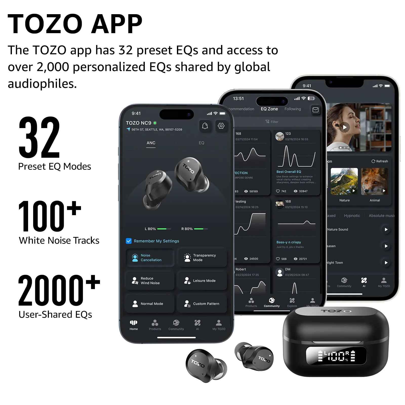 TOZO NC9 Hybrid ANC Earbuds - Mobile app integration showcase featuring EQ presets and sound modes on smartphone screens