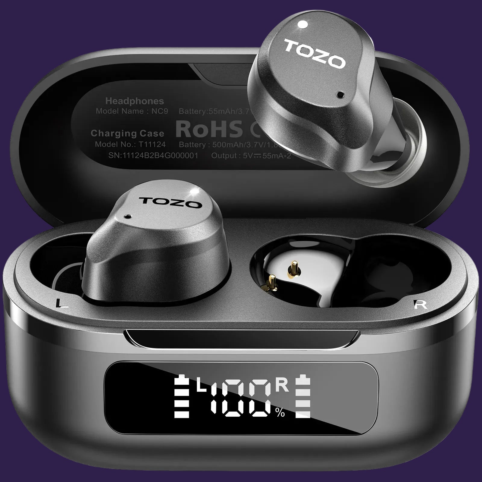 TOZO NC9 Hybrid ANC Earbuds - Open charging case revealing battery status indicator screen on a clean background