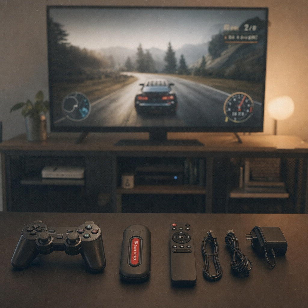 Q9 Pro Game TV Stick 8K Ultra HD console with controller and streaming accessories in a living room setup