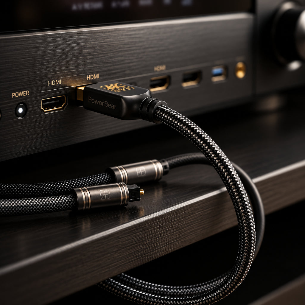 A close-up of a braided black and silver audio cable plugged into a silver electronic device, with additional cable ends resting on a dark surface.