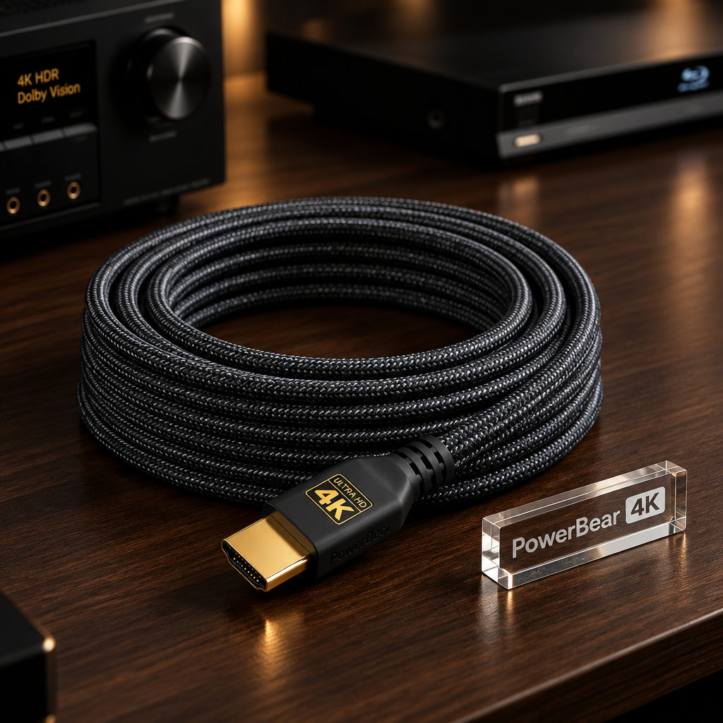 A coiled black braided HDMI cable with a gold-plated connector on a dark wood desk, next to a clear PowerBeast 6K brand tag.