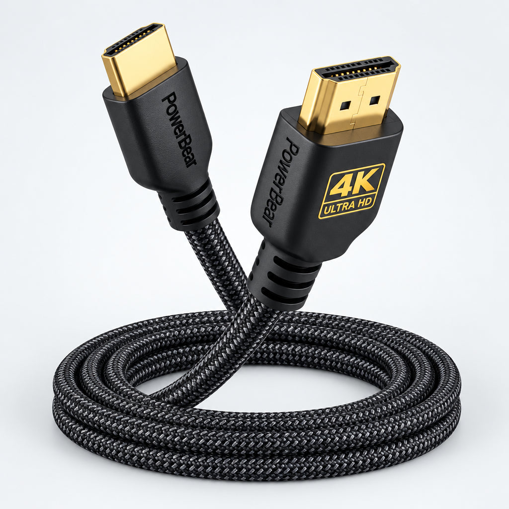 A coiled black braided HDMI cable with gold-plated connectors, featuring a 'PowerBeast' and '4K Ultra HD' label on the male connector, set against a clean white background.