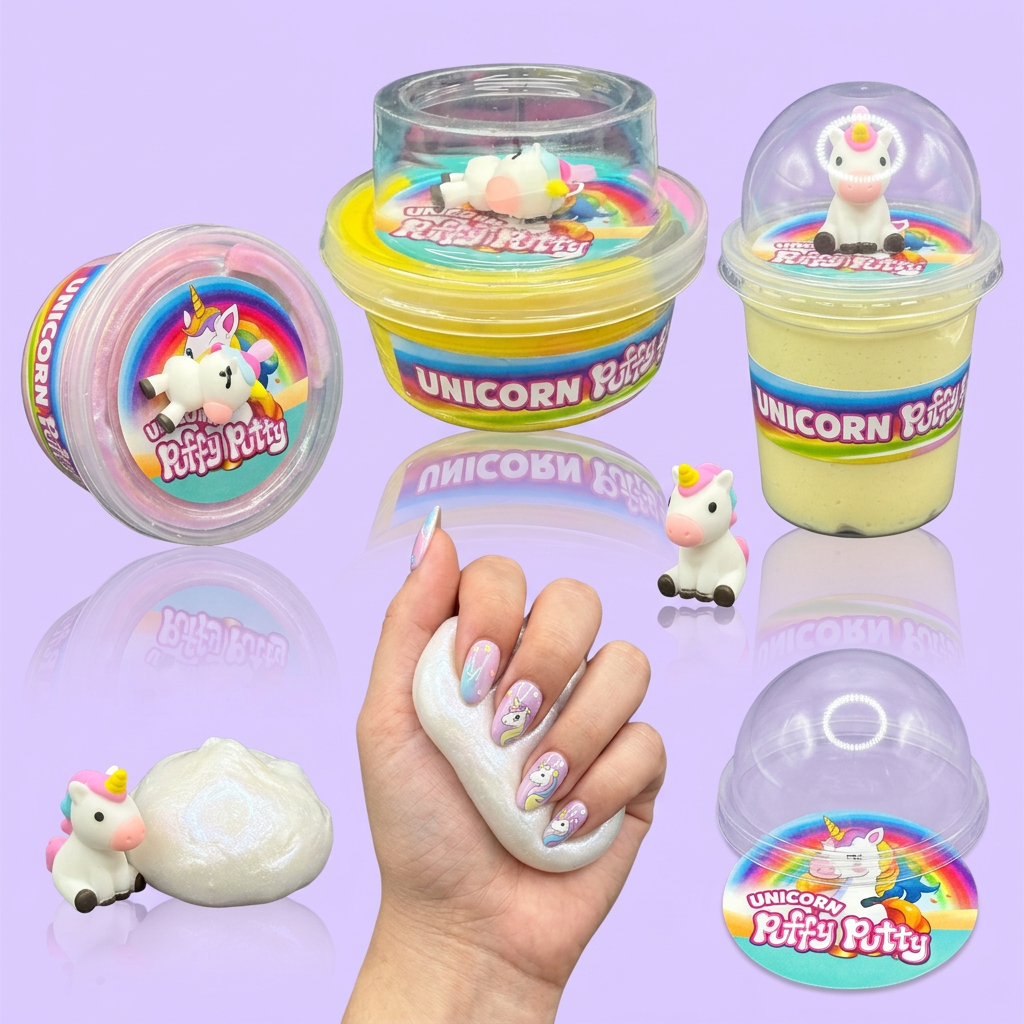 Unicorn Puffy Putty shimmery putty stretched by hand with mini unicorn toy