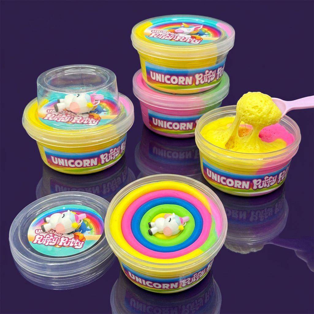 Unicorn Puffy Putty colorful slime tubs with textured scoop preview