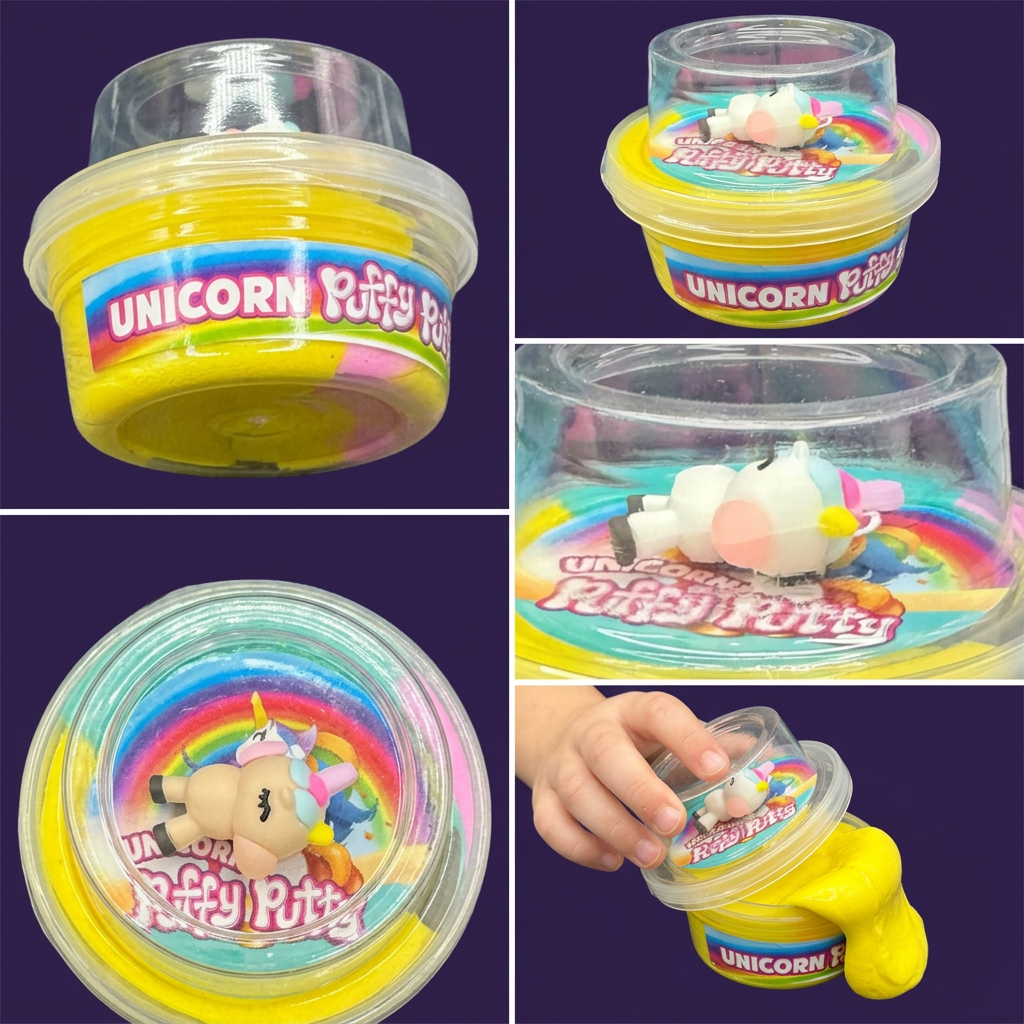 Unicorn Puffy Putty slime pot with collectible unicorn topper