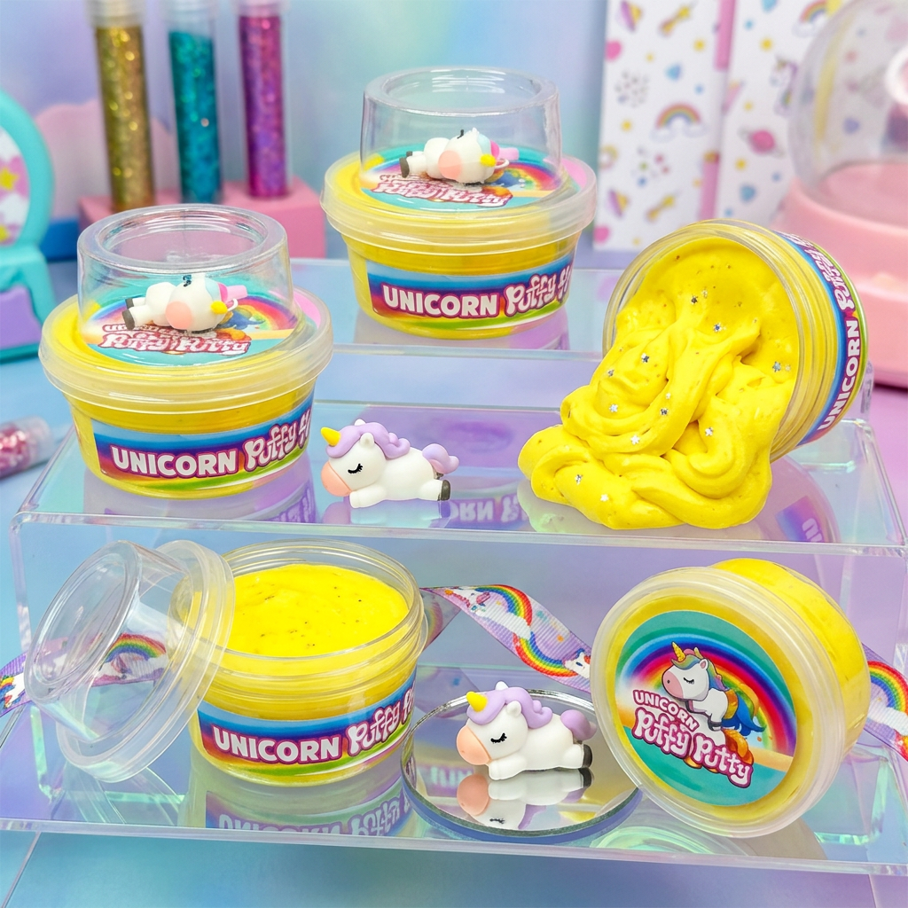 Unicorn Puffy Putty jars on acrylic display with unicorn figurines
