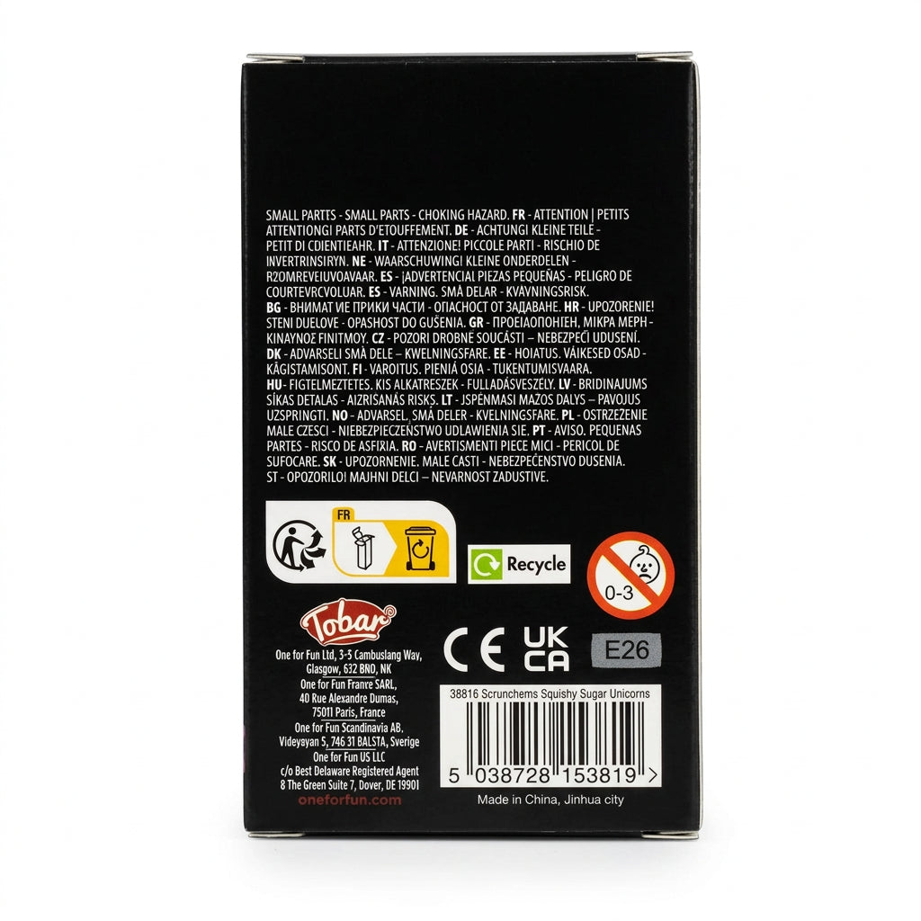 Scrunchems Sugar Unicorns packaging back with safety warnings and barcode