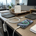 240W USB-C to USB-C Fast Charging Cable (2m) in white coiled on desk next to phone