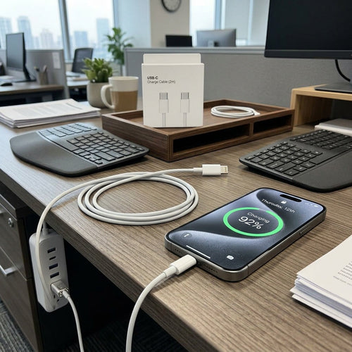 240W USB-C to USB-C Fast Charging Cable (2m) in white coiled on desk next to phone