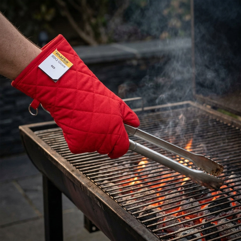 Marko BBQ Glove Red - Hand Wearing Glove Using Tongs at Grill