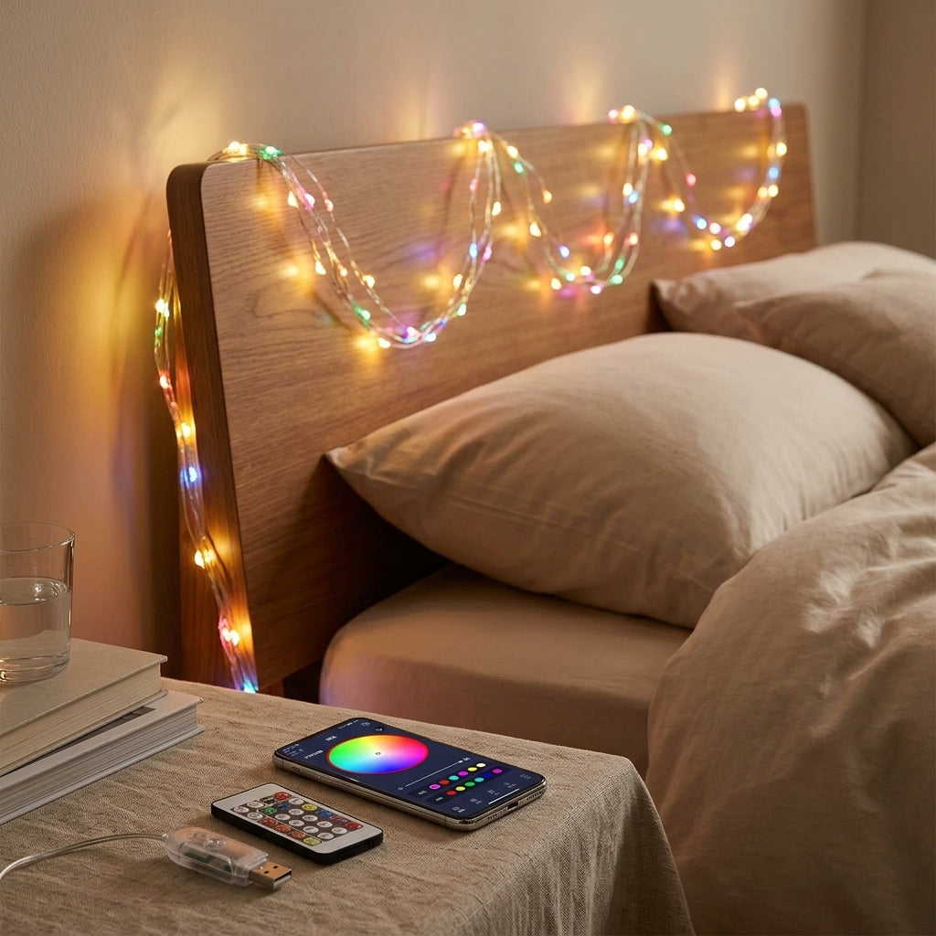 Cozy bedroom headboard illuminated with 10m Bluetooth LED string lights