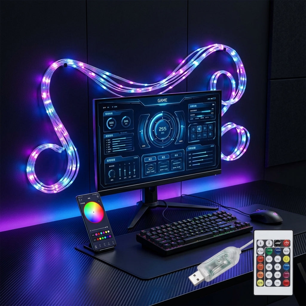 Gaming desk setup with vibrant ambient lighting from the Bluetooth LED string lights