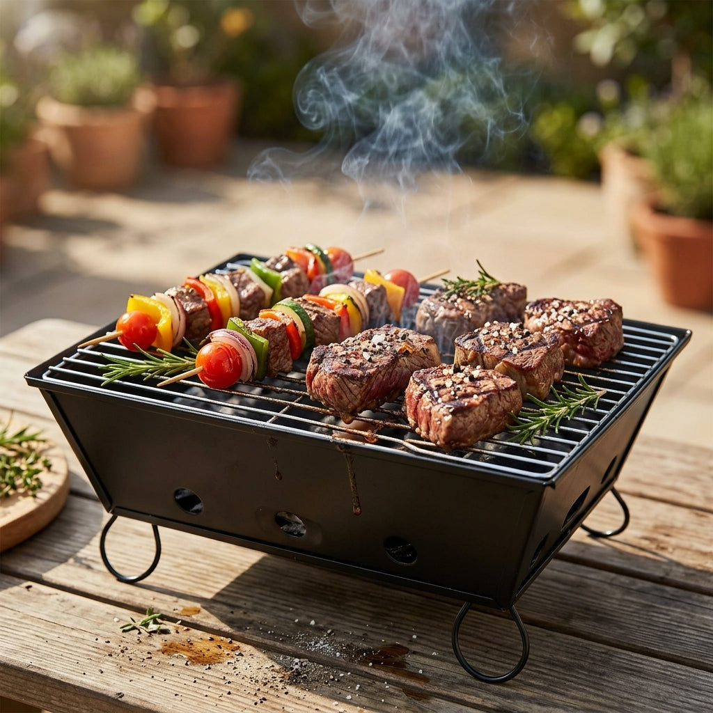 Delicious skewers grilling on the compact folding charcoal BBQ