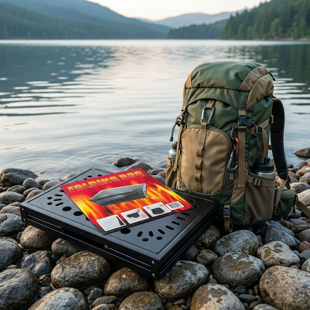 Portable folding BBQ grill collapsed flat next to a camping backpack