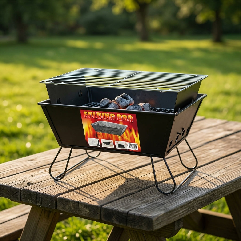 Portable folding charcoal barbecue grill set up in a sunlit grassy park