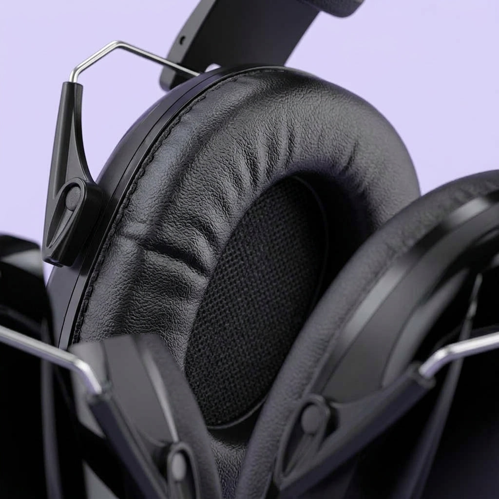 Close up detail of Dr. Meter ear muffs PU leather padding and foam structure