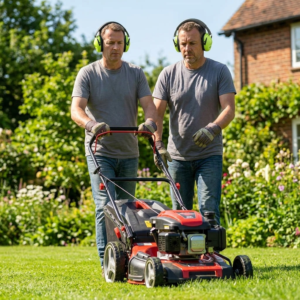 Adult wearing lime-green safety earmuffs during garden lawn maintenance